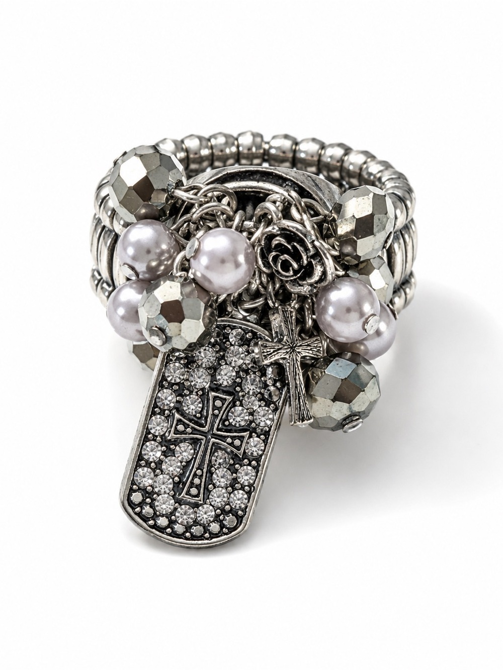 Silver Pearl Rhinestone Cross Charm Stretch Ring Gunmetal Black